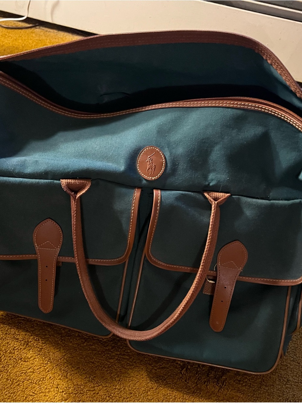Polo by Ralph Lauren Forest Green Travel Tote with Brown Leather Trim